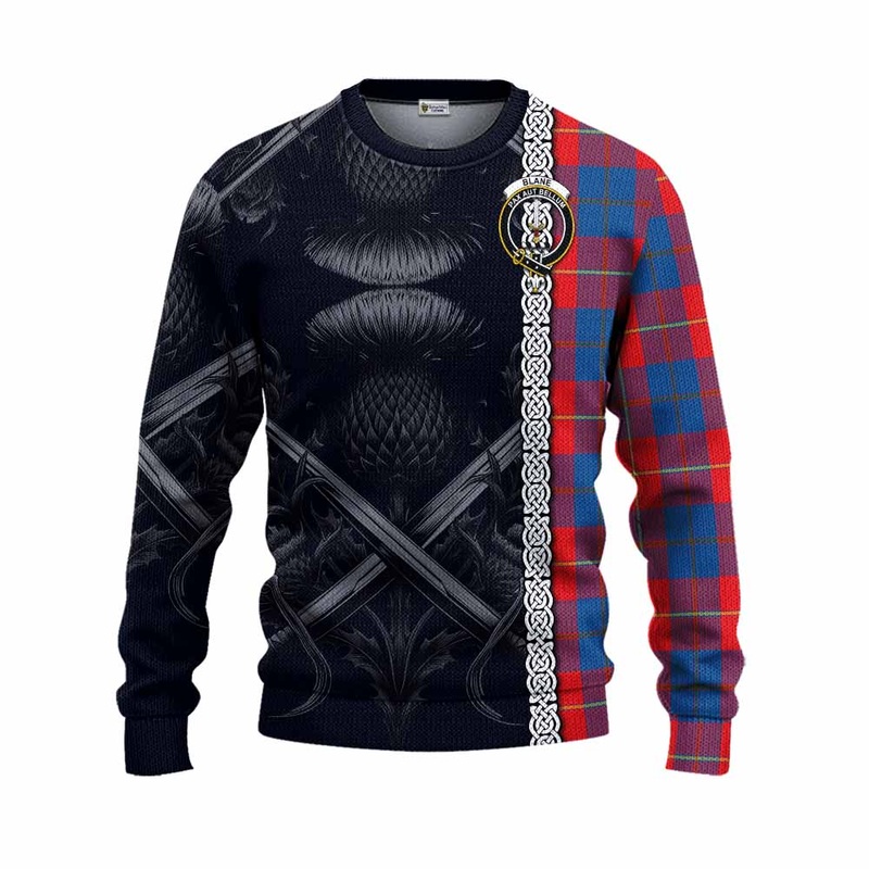 Blane Tartan Knitted Sweater with Family Crest Cross Sword Thistle Celtic Vibes