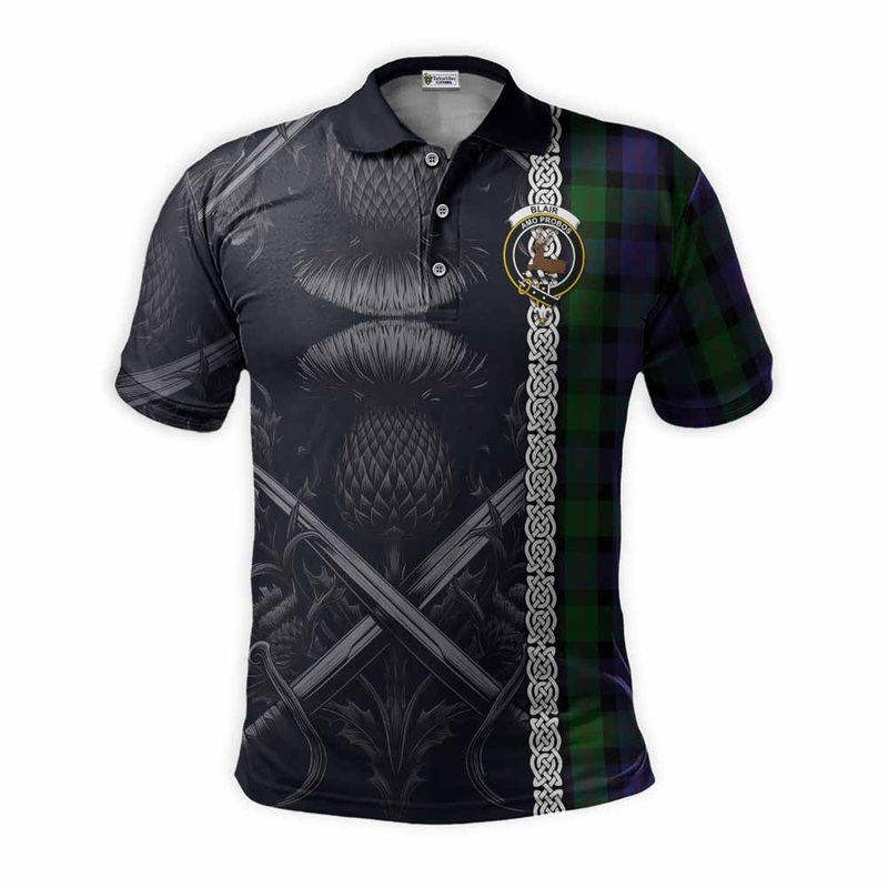 Blair Tartan Polo Shirt with Family Crest Cross Sword Thistle Celtic Vibes