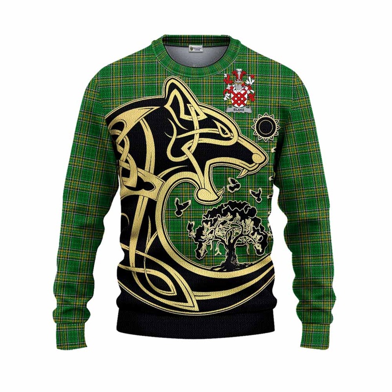 Blake Irish Tartan Knitted Sweater with Coat of Arms Celtic Wolf Style