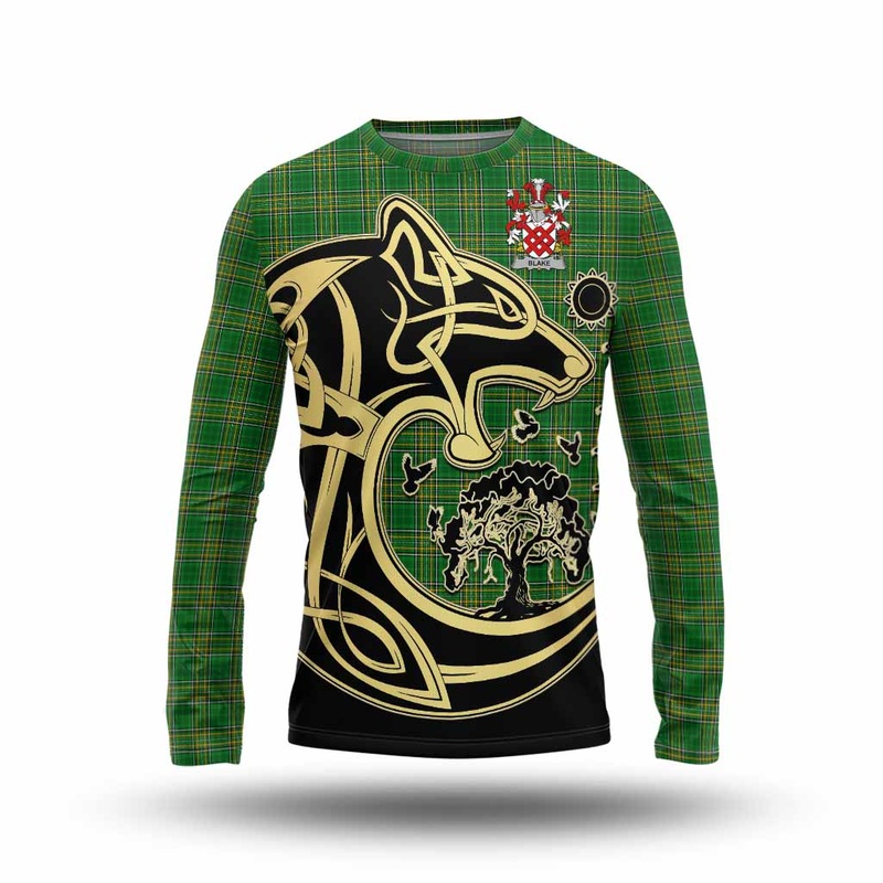 Blake Irish Tartan Long Sleeve T-Shirt with Coat of Arms Celtic Wolf Style