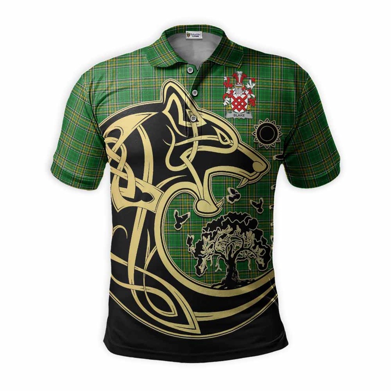 Blake Irish Tartan Polo Shirt with Coat of Arms Celtic Wolf Style
