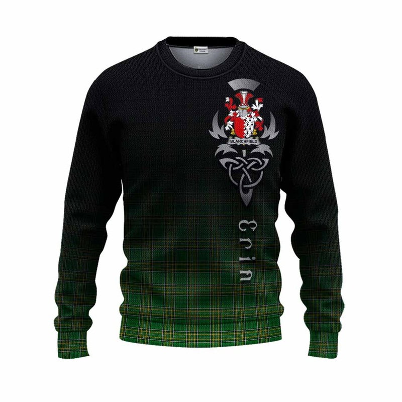Blanchfield Irish Clan Knitted Sweater with Coat of Arms Erin Go Bragh Celtic Inspired