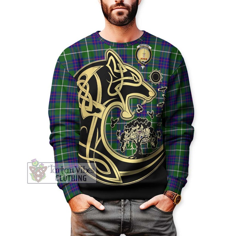 McIntyre Hunting Modern Tartan Sweatshirt with Family Crest Celtic Wolf Style