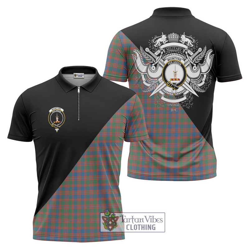 McIntyre Ancient Tartan Zipper Polo Shirt with Family Crest and Military Logo Style