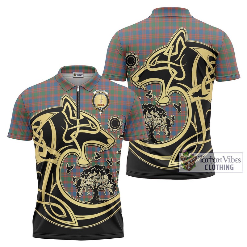 McIntyre Ancient Tartan Zipper Polo Shirt with Family Crest Celtic Wolf Style