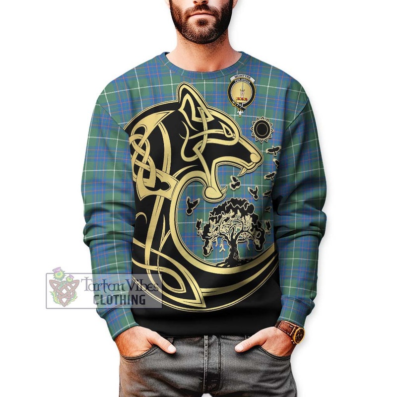 McIntyre Hunting Ancient Tartan Sweatshirt with Family Crest Celtic Wolf Style