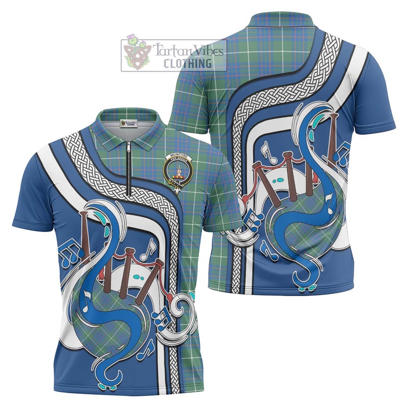 McIntyre Hunting Ancient Tartan Zipper Polo Shirt with Epic Bagpipe Style
