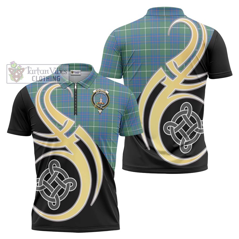 McIntyre Hunting Ancient Tartan Zipper Polo Shirt with Family Crest and Celtic Symbol Style