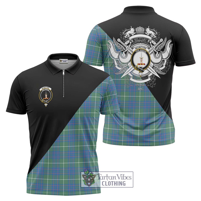 McIntyre Hunting Ancient Tartan Zipper Polo Shirt with Family Crest and Military Logo Style