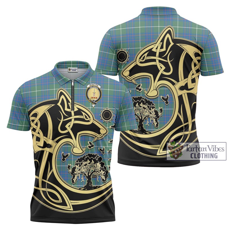 McIntyre Hunting Ancient Tartan Zipper Polo Shirt with Family Crest Celtic Wolf Style