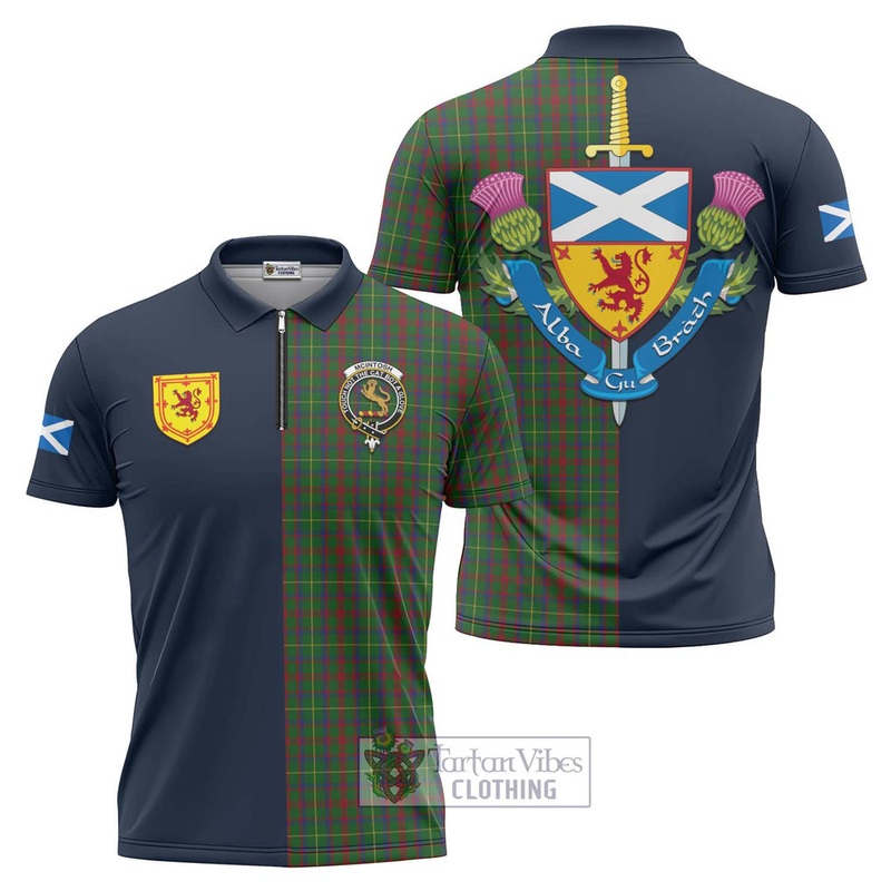 McIntosh Hunting Tartan Zipper Polo Shirt Alba with Scottish Lion Royal Arm Half Style