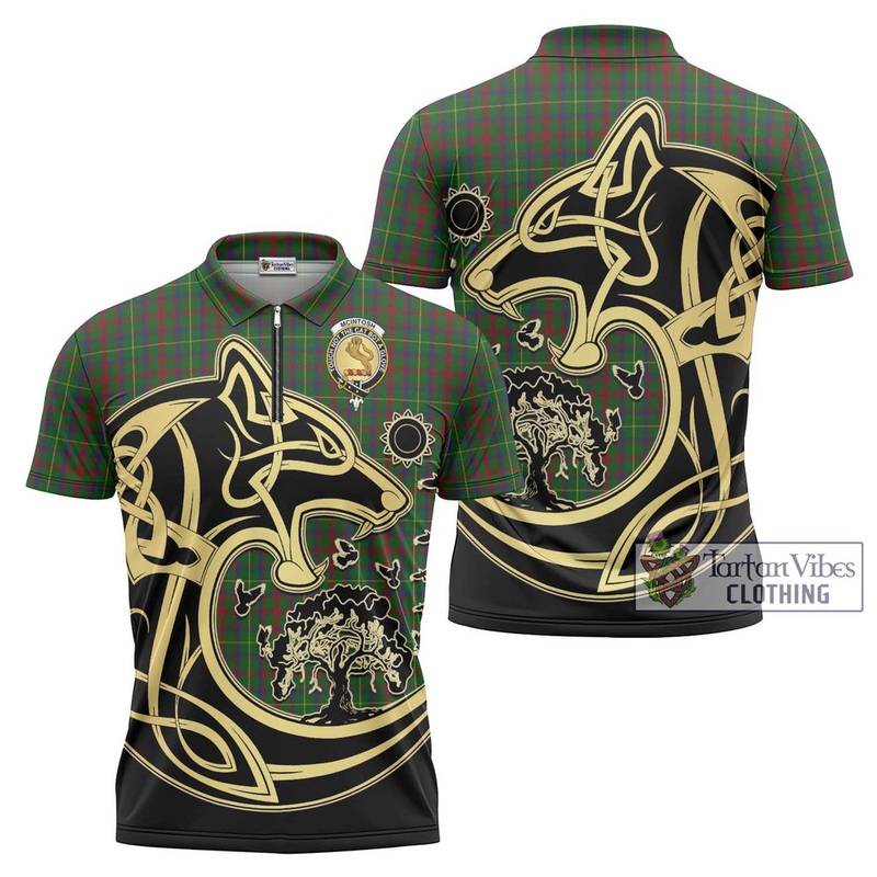 McIntosh Hunting Tartan Zipper Polo Shirt with Family Crest Celtic Wolf Style