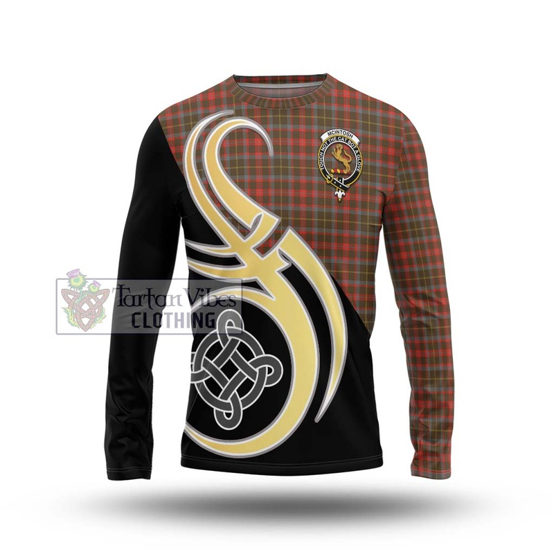 McIntosh Hunting Weathered Tartan Long Sleeve T-Shirt with Family Crest and Celtic Symbol Style