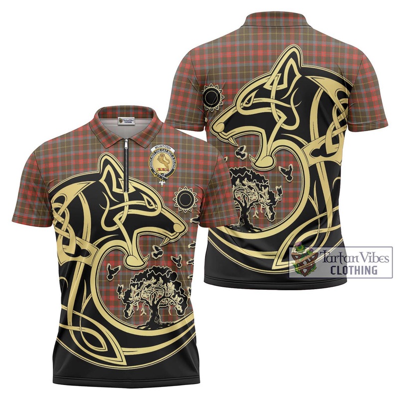 McIntosh Hunting Weathered Tartan Zipper Polo Shirt with Family Crest Celtic Wolf Style