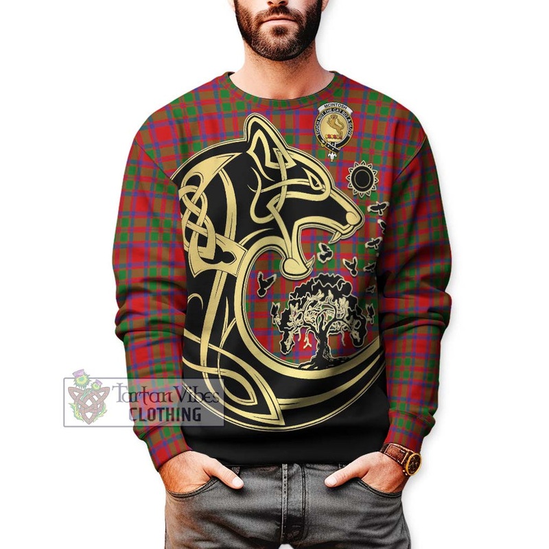 McIntosh Modern Tartan Sweatshirt with Family Crest Celtic Wolf Style