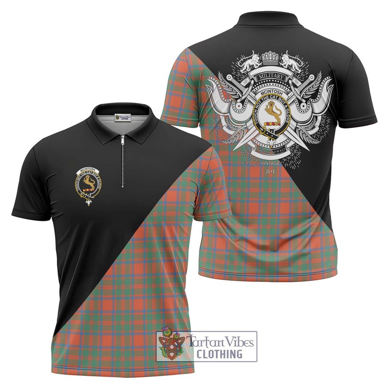 McIntosh Ancient Tartan Zipper Polo Shirt with Family Crest and Military Logo Style
