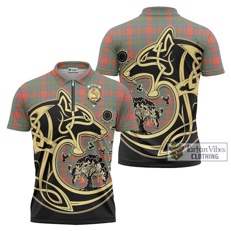 McIntosh Ancient Tartan Zipper Polo Shirt with Family Crest Celtic Wolf Style