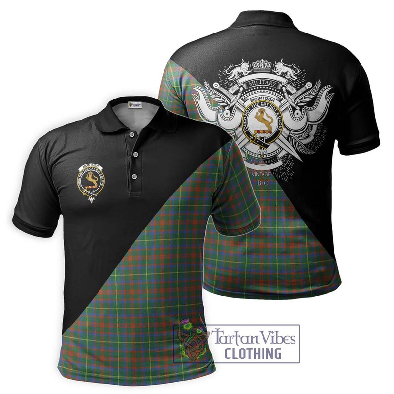 McIntosh Hunting Ancient Tartan Polo Shirt with Family Crest and Military Logo Style