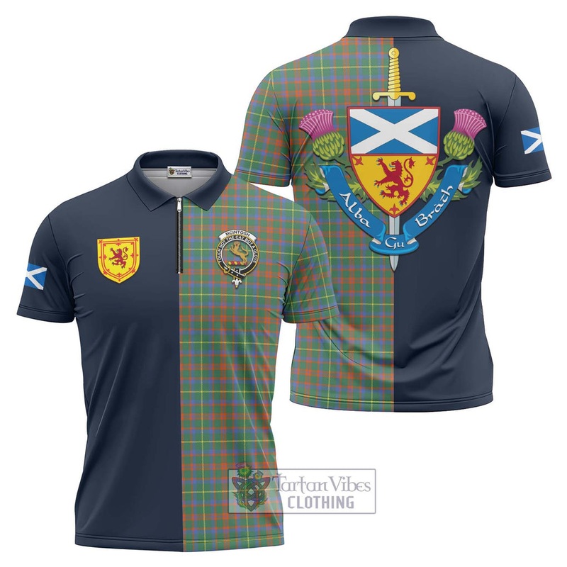 McIntosh Hunting Ancient Tartan Zipper Polo Shirt Alba with Scottish Lion Royal Arm Half Style