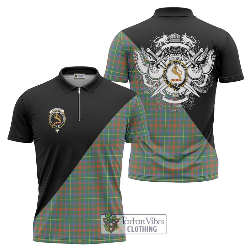 McIntosh Hunting Ancient Tartan Zipper Polo Shirt with Family Crest and Military Logo Style