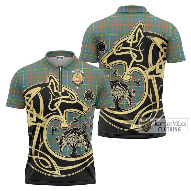 McIntosh Hunting Ancient Tartan Zipper Polo Shirt with Family Crest Celtic Wolf Style
