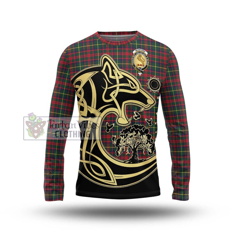 McIntosh Hunting Modern Tartan Long Sleeve T-Shirt with Family Crest Celtic Wolf Style