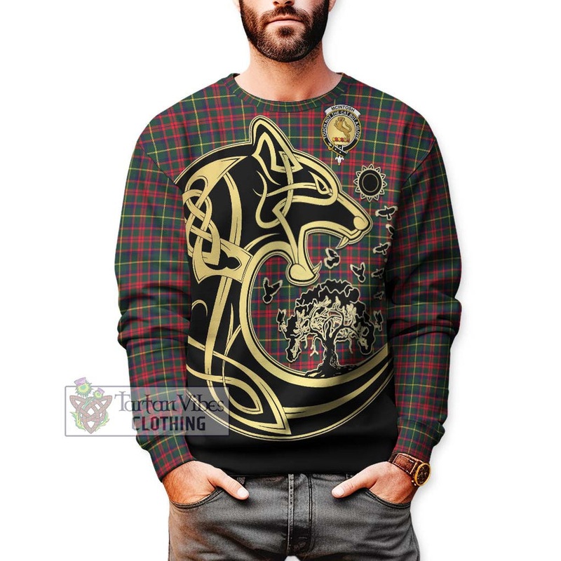 McIntosh Hunting Modern Tartan Sweatshirt with Family Crest Celtic Wolf Style