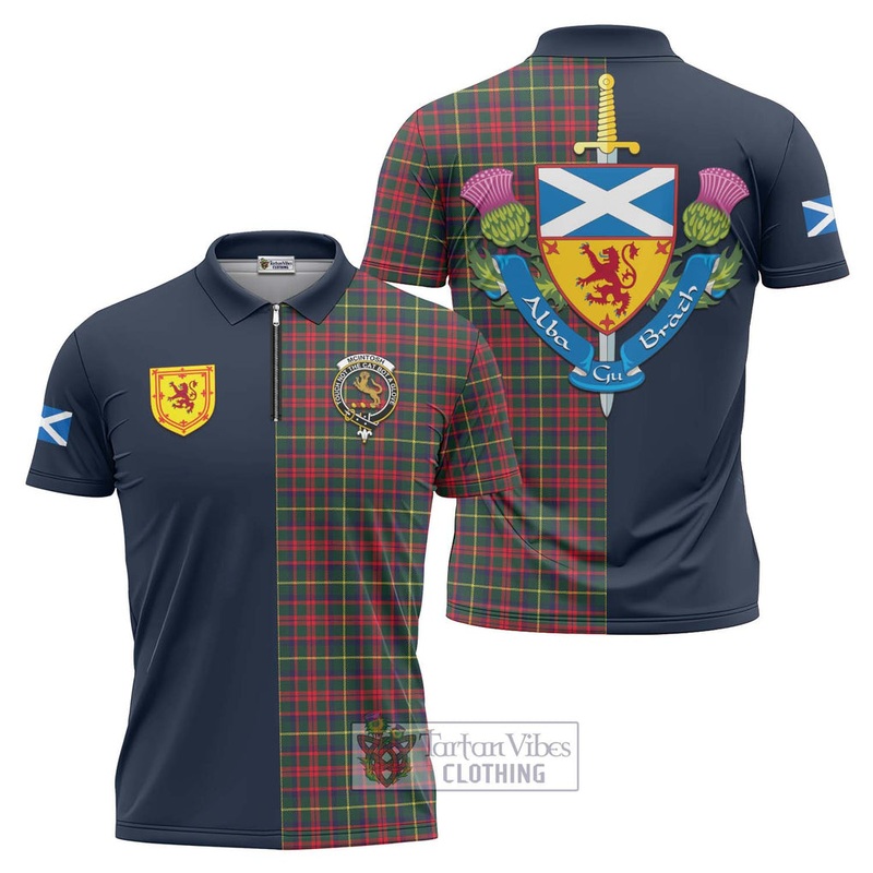 McIntosh Hunting Modern Tartan Zipper Polo Shirt Alba with Scottish Lion Royal Arm Half Style