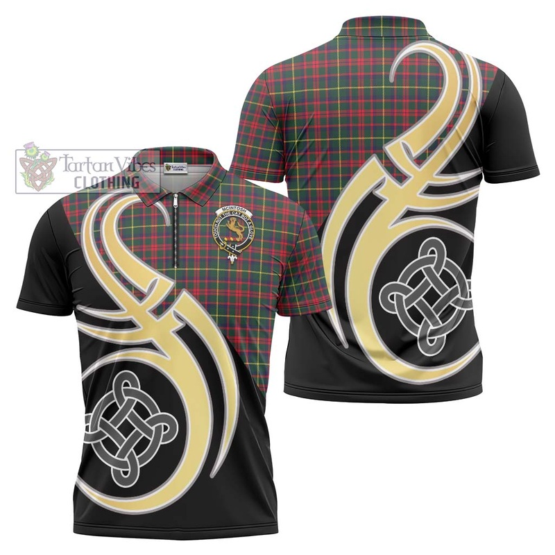 McIntosh Hunting Modern Tartan Zipper Polo Shirt with Family Crest and Celtic Symbol Style