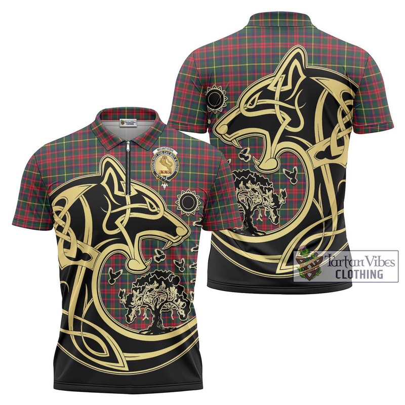 McIntosh Hunting Modern Tartan Zipper Polo Shirt with Family Crest Celtic Wolf Style