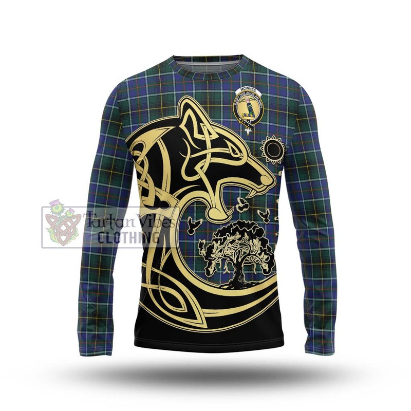 McInnes Modern Tartan Long Sleeve T-Shirt with Family Crest Celtic Wolf Style