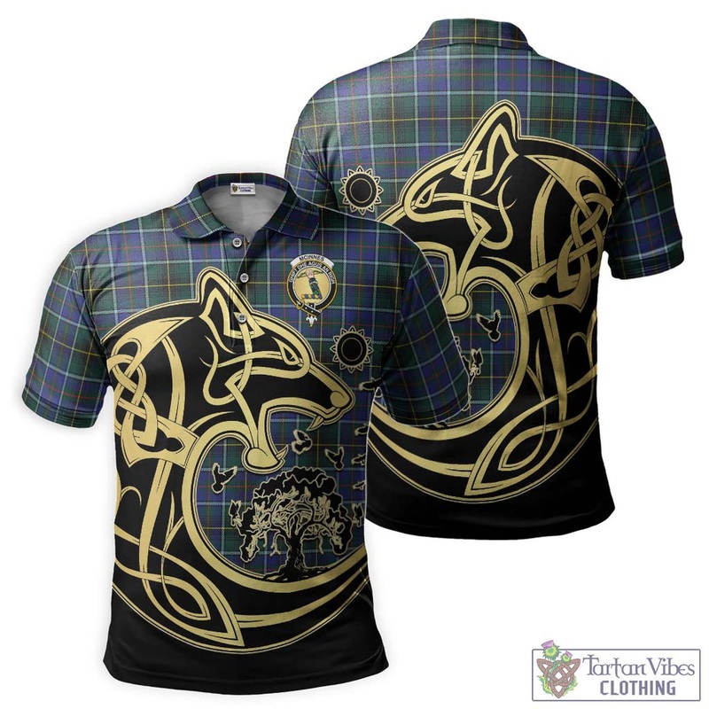 McInnes Modern Tartan Polo Shirt with Family Crest Celtic Wolf Style