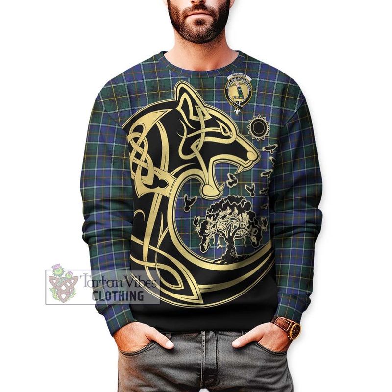 McInnes Modern Tartan Sweatshirt with Family Crest Celtic Wolf Style