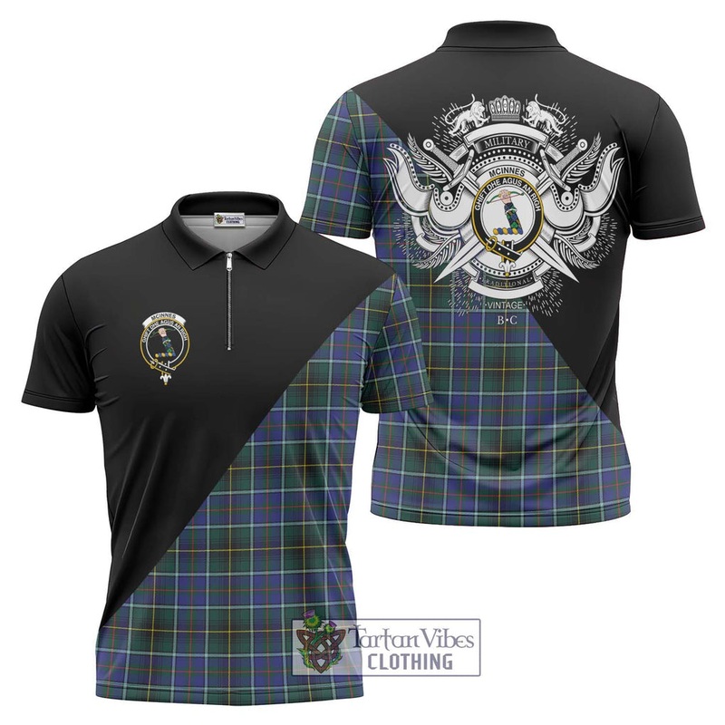 McInnes Modern Tartan Zipper Polo Shirt with Family Crest and Military Logo Style