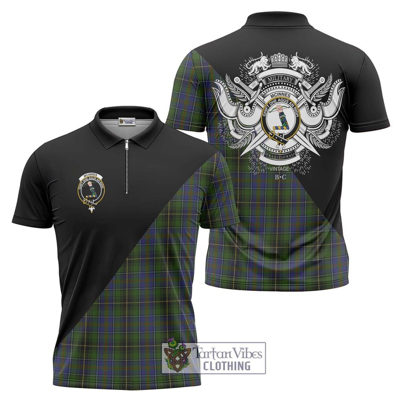 McInnes Tartan Zipper Polo Shirt with Family Crest and Military Logo Style