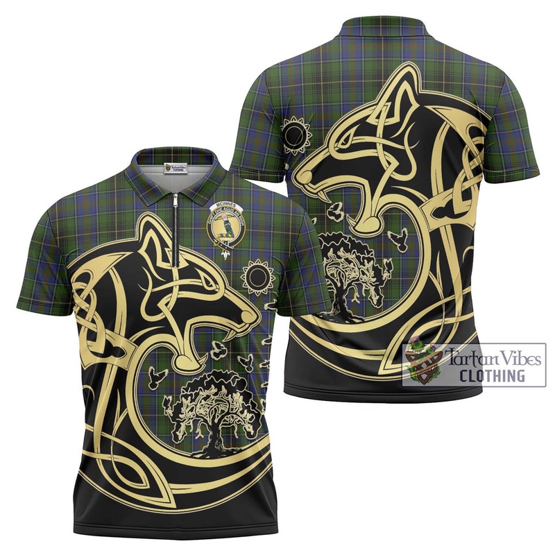 McInnes Tartan Zipper Polo Shirt with Family Crest Celtic Wolf Style