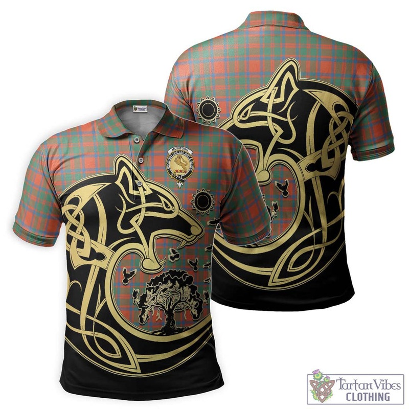 McIntosh Ancient Tartan Polo Shirt with Family Crest Celtic Wolf Style