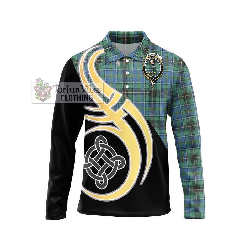 McInnes Ancient Tartan Long Sleeve Polo Shirt with Family Crest and Celtic Symbol Style
