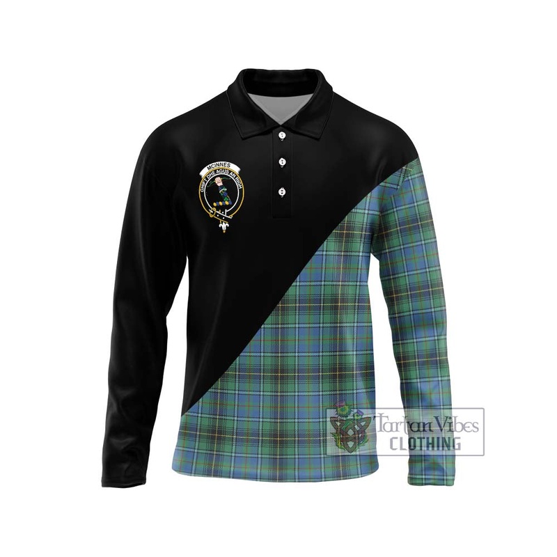 McInnes Ancient Tartan Long Sleeve Polo Shirt with Family Crest and Military Logo Style