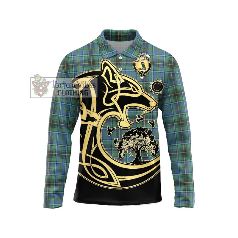 McInnes Ancient Tartan Long Sleeve Polo Shirt with Family Crest Celtic Wolf Style