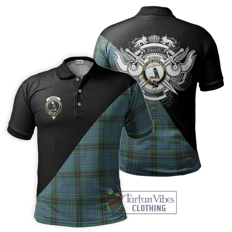 McInnes Ancient Tartan Polo Shirt with Family Crest and Military Logo Style