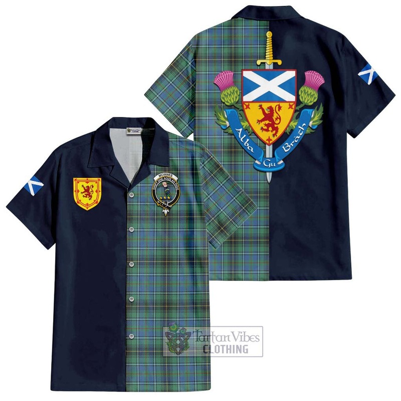 McInnes Ancient Tartan Short Sleeve Button Shirt Alba with Scottish Lion Royal Arm Half Style