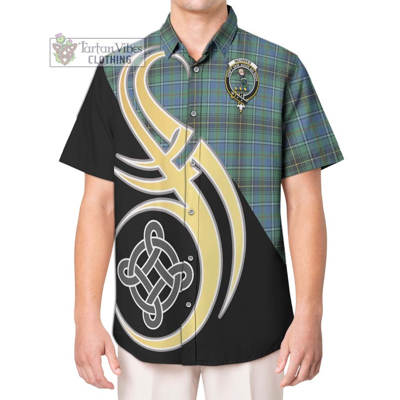 McInnes Ancient Tartan Short Sleeve Button Shirt with Family Crest and Celtic Symbol Style