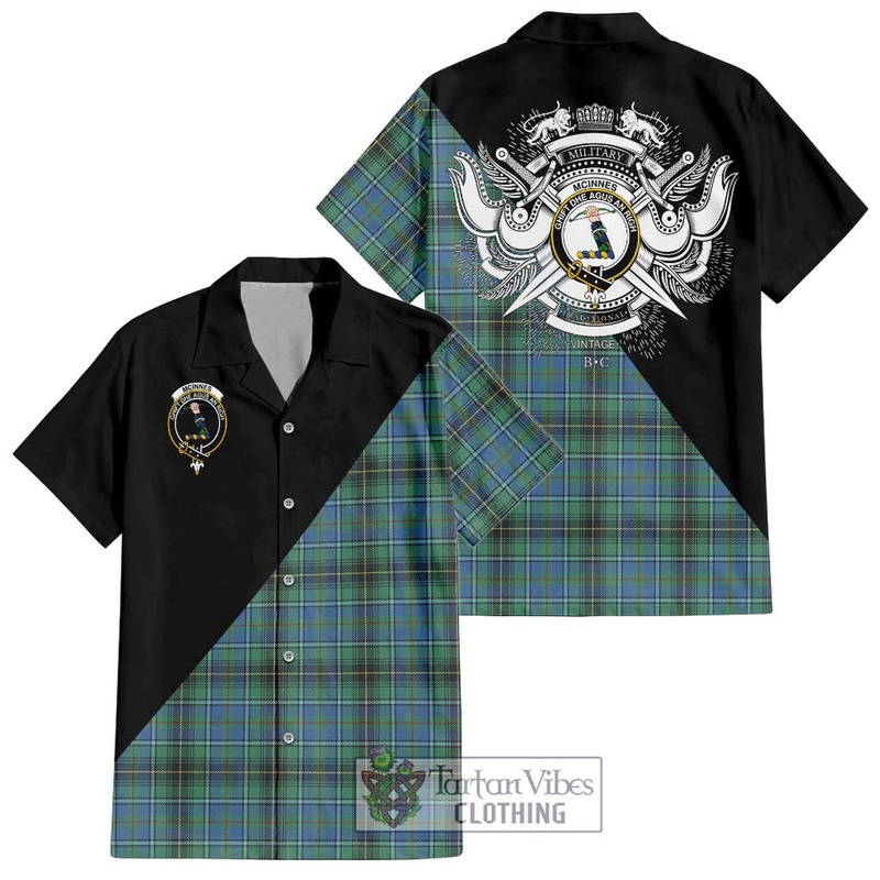 McInnes Ancient Tartan Short Sleeve Button Shirt with Family Crest and Military Logo Style