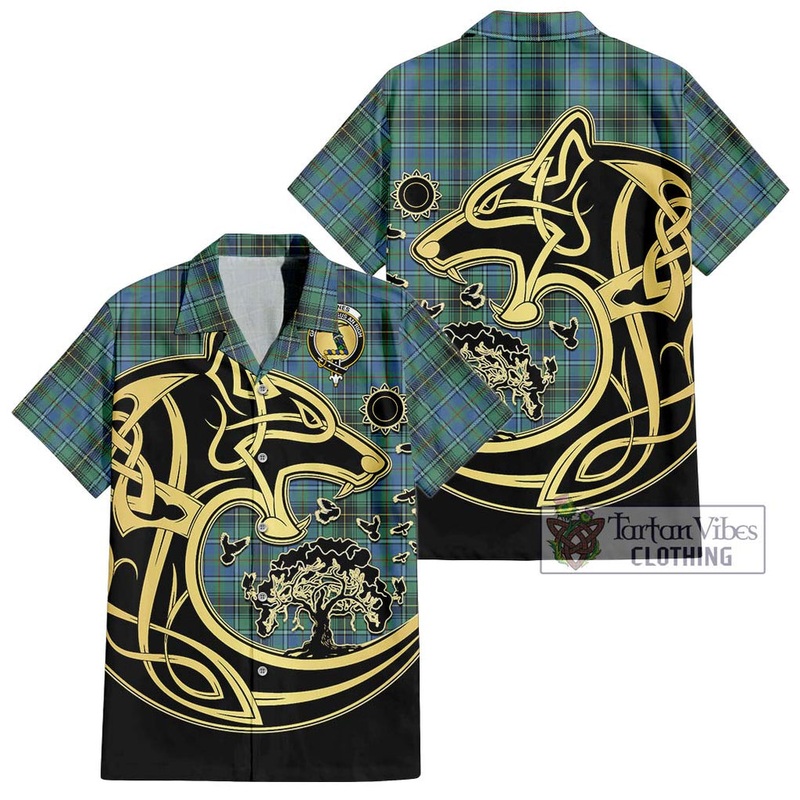McInnes Ancient Tartan Short Sleeve Button Shirt with Family Crest Celtic Wolf Style