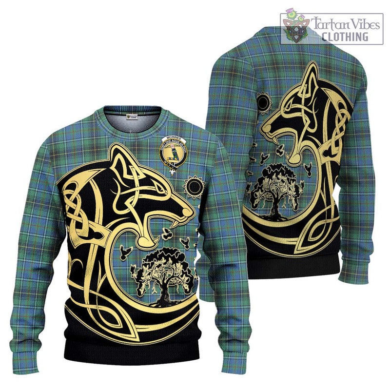 McInnes Ancient Tartan Ugly Sweater with Family Crest Celtic Wolf Style