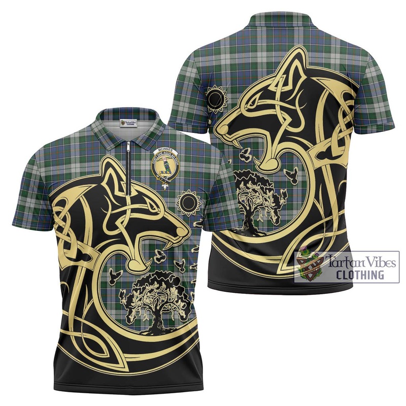 McInnes Dress Tartan Zipper Polo Shirt with Family Crest Celtic Wolf Style