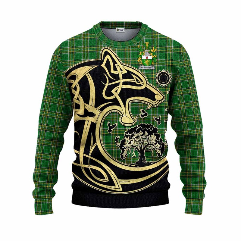 McGuiness Irish Tartan Knitted Sweater with Coat of Arms Celtic Wolf Style