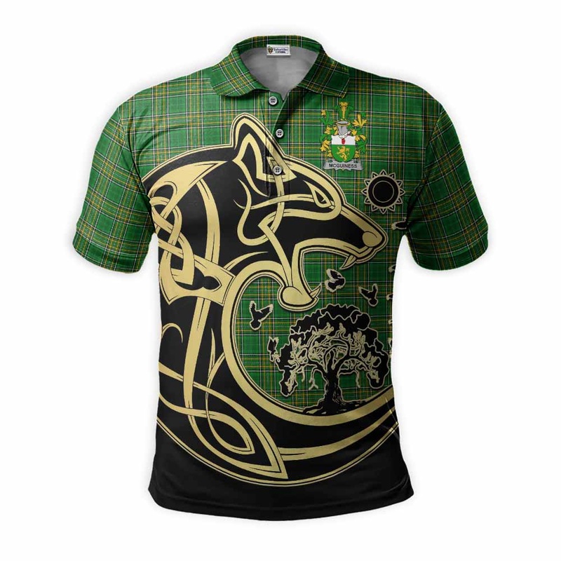 McGuiness Irish Tartan Polo Shirt with Coat of Arms Celtic Wolf Style