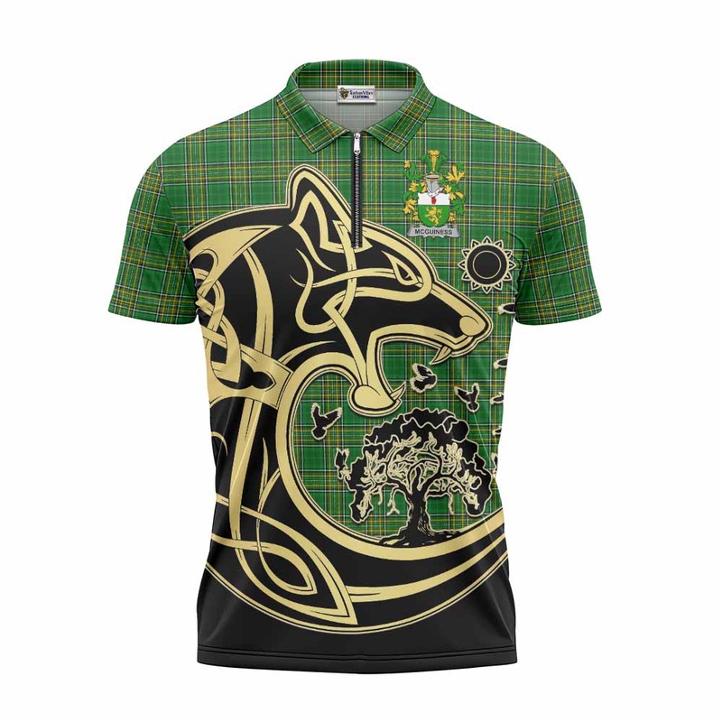 McGuiness Irish Tartan Zipper Polo Shirt with Coat of Arms Celtic Wolf Style